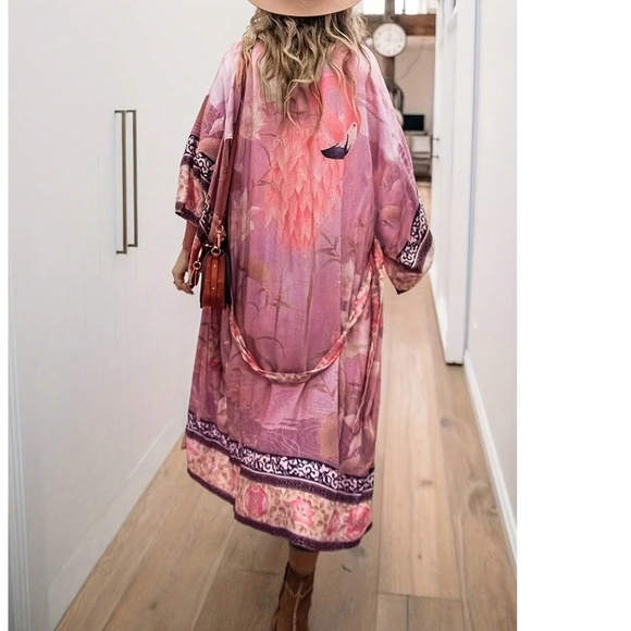 Boho Pink Floral Flamingo Print 3/4 Sleeve Belted Kimono Cover up - Picture 1 of 5